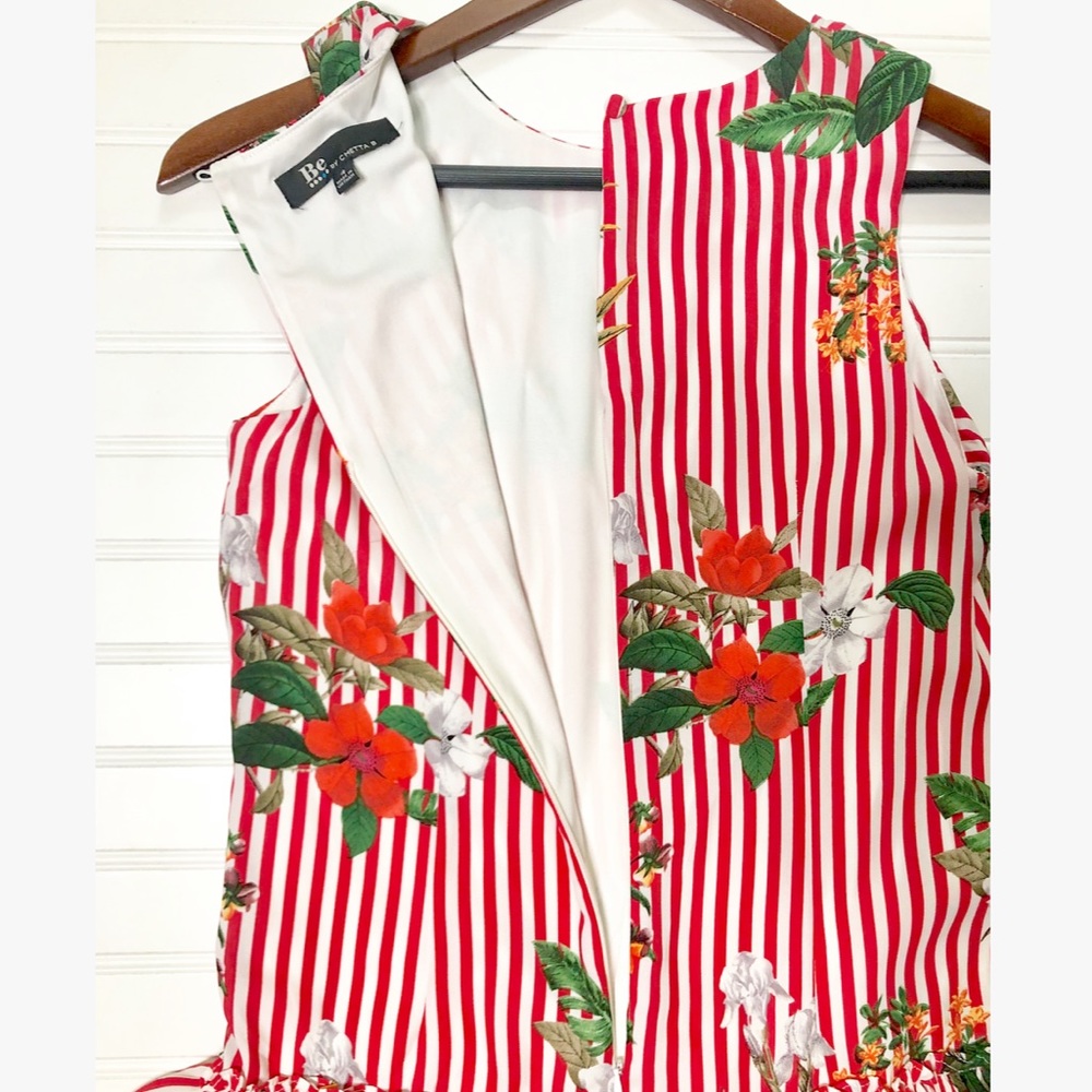 CHETTA B Red Striped Summer Floral Dress Tropical - Picture 5 of 6